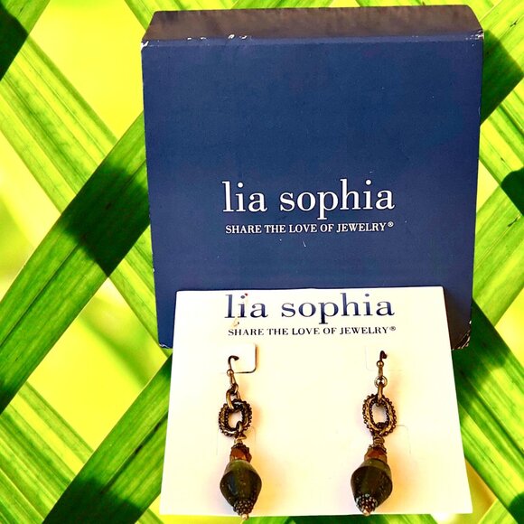 Lia Sophia Earrings Dangle Drop Hook Green Beads Copper Silvertone New in Box - Picture 3 of 10